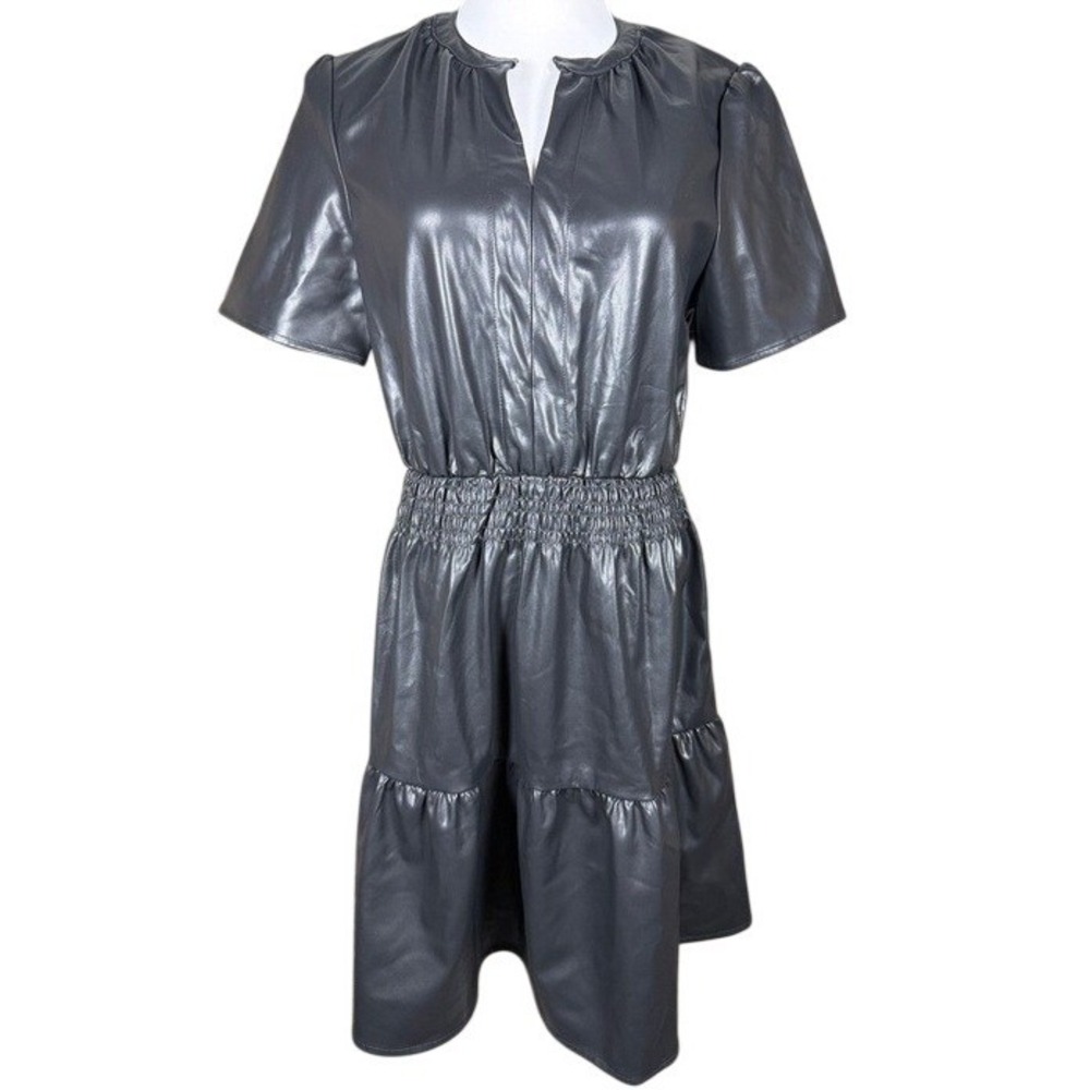 Vigoss‎ Dress Womens L VC-D03061A Black Faux Leather Smocked Tiered NEW